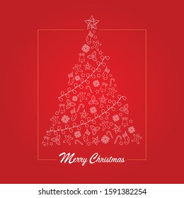 Christmas tree made of christmas icons. Merry Christmas
background and greetings card.