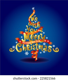 Christmas tree made of inscription "We wish you a Merry Christmas". 