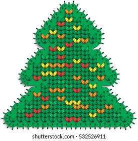 Christmas tree made of knitted texture pattern and stitches. Green basis with colored spots. Vector illustration.
