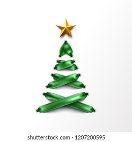 Christmas tree made of lace-up green ribbon with golden star. Tree made of elegant lacing, trendy invitation, greeting card poster on isolated background. Vector xmas shoelace for poster design