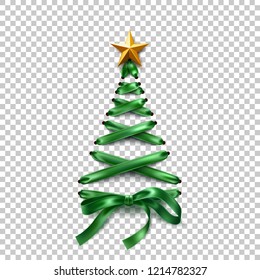 Christmas tree made of lace-up green ribbon with golden star. Tree made of elegant lacing, trendy invitation, greeting card poster on transparent background. Vector xmas shoelace for poster design