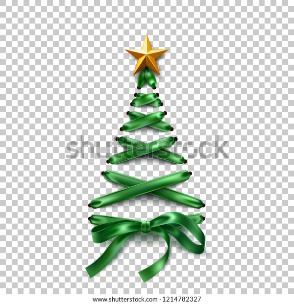 Christmas tree made of lace-up green ribbon with\
golden star. Tree made of elegant lacing, trendy invitation,\
greeting card poster on transparent background. Vector xmas\
shoelace for poster\
design