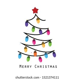 Christmas tree made of light bulb and lines. Happy new year and merry Christmas greeting card
