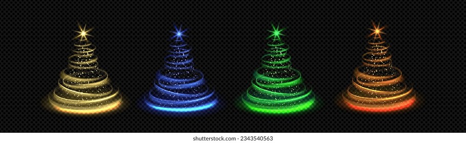 Árbol de Navidad hecho de camino claro y brillante con estrella en la parte superior. Ilustración vectorial realista de la decoración navideña brillante sobre fondo transparente. Resumen de fuego brillante brillante brillante con efecto de brillo y desenfoque