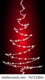Christmas tree made of lights on red background. Vector illustration.
