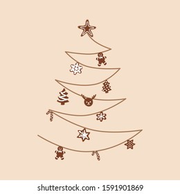 Christmas tree made from line with candy, snowflake, star and cookie on bright brown background, New year and christmas greeting card or party invitation, Hand drawn doodle cartoon style.