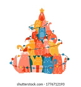 Christmas tree made of many funny cats. New year greeting card illustration. Flat and line hand drawn vector illustration