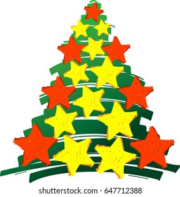 christmas tree made of marker strokes with red and golden stars