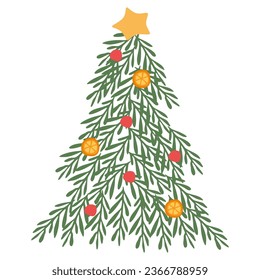 Christmas Tree Made of mistletoe branches with berries and star. New Year red and yellow decoration, Holiday background and festive element. Christmas and new year poster.