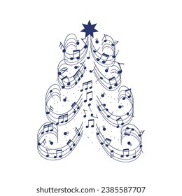 Christmas tree made of music notes on white background