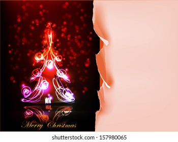 Christmas tree made of neon lights and ripped paper background