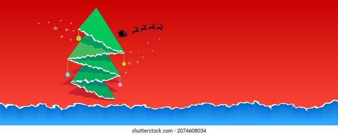 A Christmas tree made from origami with a silhouette of Santa Claus riding a herd of reindeer with a red background. 
