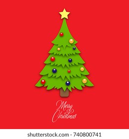 Christmas tree made from paper on red background. Design elements for holiday cards. Vector illustration.