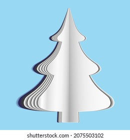 Christmas tree made of paper sheets on a blue background. Holiday concept. Vector illustration. Paper craft. 
