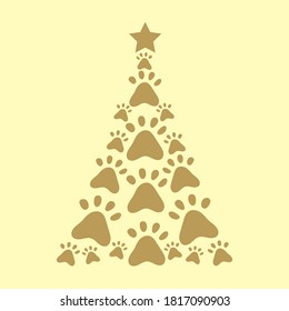 The Christmas tree is made of paw prints. Design for new year greeting card, monochrome vector illustration