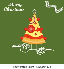 Christmas tree made of pizza. Design for new year cards, posters, menus - Shutterstock ID 1822084178