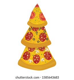 Christmas tree made of pizza. Illustration of pizza slices on a white background