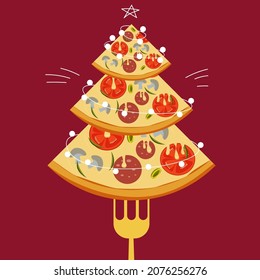 A Christmas tree made of pizza slices. New Year's decoration of the restaurant