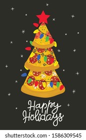 Сard: Christmas tree made of pizza, snow and the text "Happy Holidays"