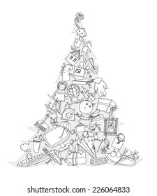 Christmas tree made of presents and toys. Doodle