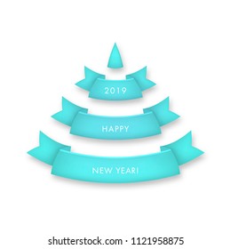 Christmas tree made of realistic ribbons with shadow on plain background. Vector card. Turquoise and white colors