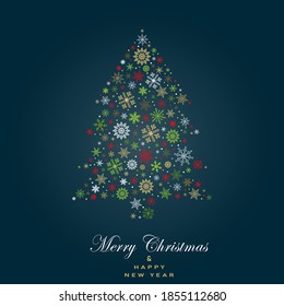 Árbol de Navidad hecho de copos de nieve rojos, verdes, blancos y dorados sobre fondo verde oscuro. Ilustración vectorial. Patrón Holliday