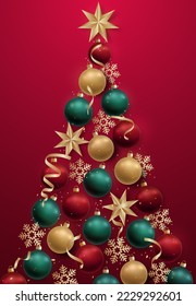 Christmas tree made of red, green, golden balls, snowflakes, serpentine and stars. New year greetings and Xmas elements and symbols formed in abstract tree shape. 