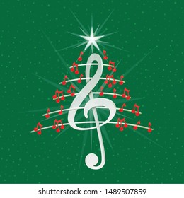 Christmas tree made of red musical notes, white treble clef and pentagram on green background with stars  - Vector image