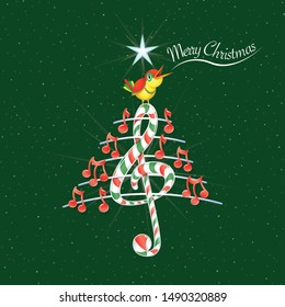 Christmas tree made of red musical notes, candy bar shaped treble clef and pentagram with yellow bird singing and title: MERRY CHRISTMAS on green background with stars. Vector image