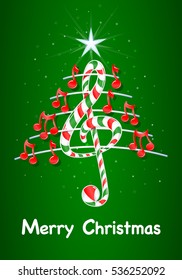 Christmas tree made of red musical notes, candy bar shaped treble clef and pentagram with title: MERRY CHRISTMAS on green background with stars  - Vector image