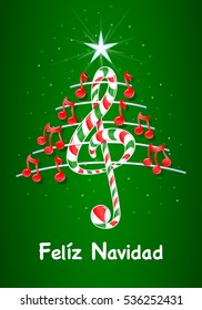 Christmas tree made of red musical notes, candy bar shaped treble clef and pentagram with title: FELIZ NAVIDAD -MERRY CHRISTMAS in spanish language- on green background with stars  - Vector image