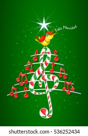 Christmas tree made of red musical notes, candy bar shaped treble clef and pentagram with yellow bird singing and title: FELIZ NAVIDAD -MERRY CHRISTMAS in spanish language- on green background 