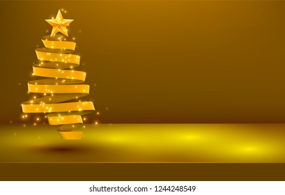 Christmas tree made of red ribbon on pink background. New year and christmas greeting card or party invitation illustration.