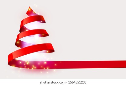 Christmas tree made of red ribbon on bright background. New year and christmas greeting card or party invitation. Vector illustration.