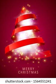 Christmas tree made of red ribbon. New year and christmas greeting card or party invitation. Vector illustration.