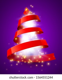 Christmas tree made of red ribbon. New year and christmas greeting card or party invitation. Vector illustration.