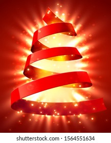 Christmas tree made of red ribbon. New year and christmas greeting card or party invitation. Vector illustration.