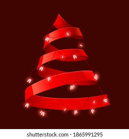 Christmas tree made of red ribbon. New year and christmas greeting card or party invitation. Vector illustration.