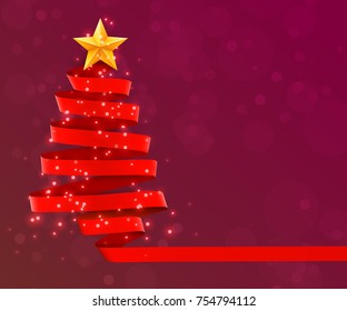 Christmas tree made of red ribbon on red background. New year and christmas greeting card or party invitation. Vector illustration.