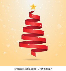Christmas tree made of red ribbon on winter background with snow. Vector illustration