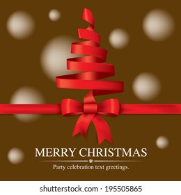 Christmas tree made with red ribbons and snow background