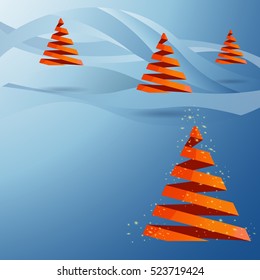 Christmas tree made with red ribbons on blue background with blue stripe pattern