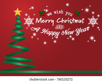 Christmas tree made of red ribbons with gold star on red background and Merry Christmas and a Happy New Year text with snowflakes and holly berries. Design for greeting card. Vector illustration.