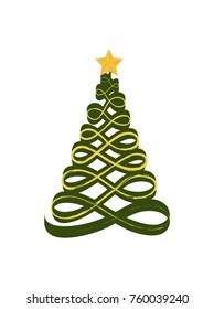 Christmas tree made of ribbons of curved form, golden star placed on its top, traditional pine represented in stylish way, vector illustration