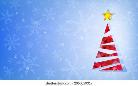 Christmas tree made of shapes with red color triangles on bright rose gradient background with snowflakes.