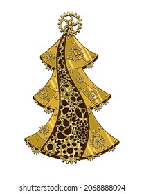 Christmas tree made of shiny brass, gold metal plates, gears, cogwheels, rivets in steampunk style. Vector illustration.