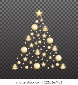 Christmas tree made of shiny gold decorations. Shiny Xmas balls collect in a Christmas tree shape.