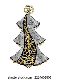 Christmas tree made of shiny silver metal plates, gears, cogwheels, rivets in steampunk style. Vector illustration.