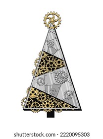 Christmas tree made of shiny silver metal plates, gears, cogwheels, rivets in steampunk style. Vector illustration.