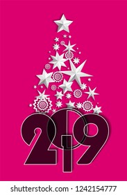 Christmas Tree made of silver stars and snowflakes on purple background. New Year and Christmas 2019 concept. Vector illustration